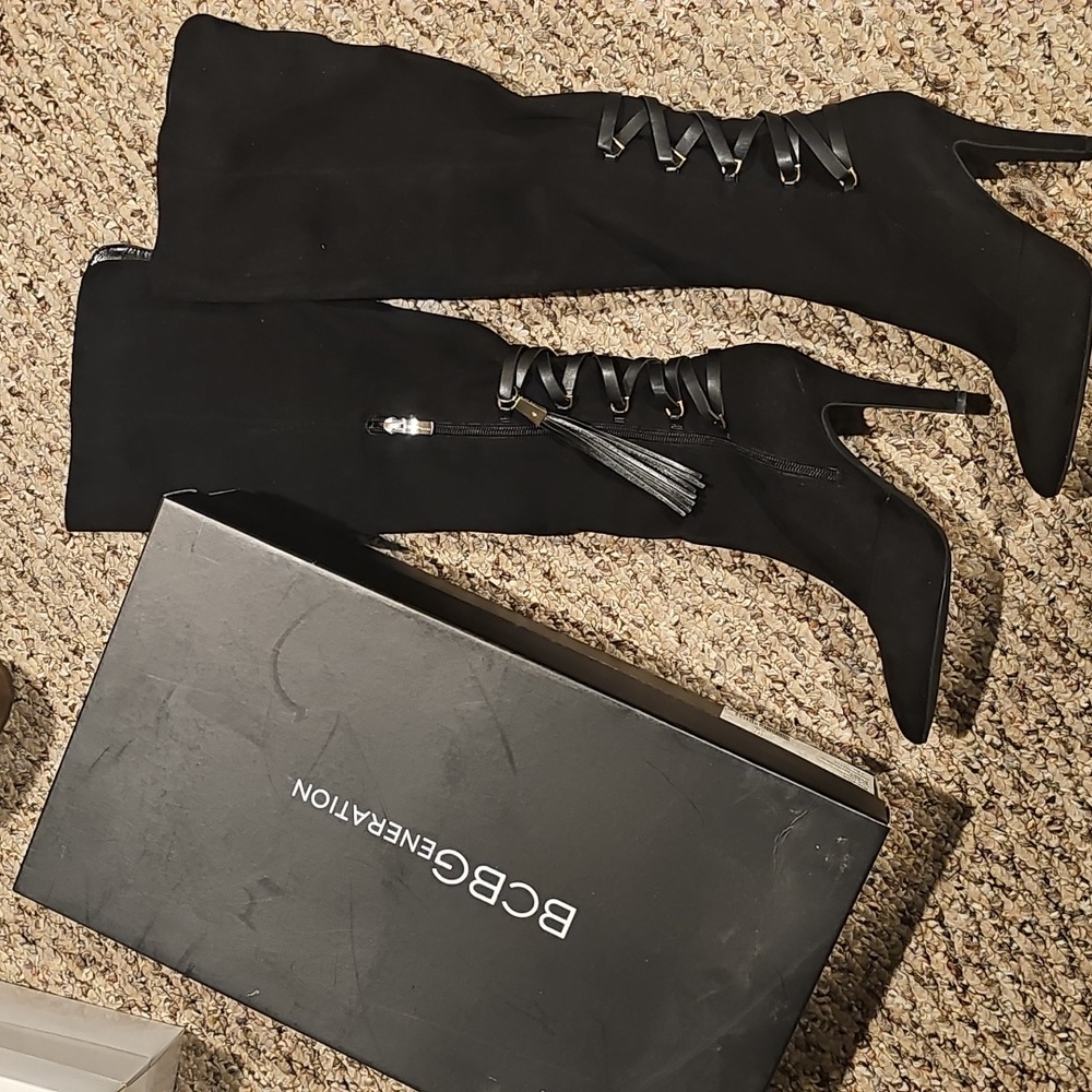 BCBGeneration Black Suede Corseted BC-EVA stretch Boots,  Size 7..excellent cond